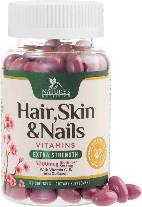 Hair Vitamins for Women, Ultra Strength 5000mcg Biotin Collagen & More - Premium Hair Growth, Skin, Nails & Keratin Support Supplement, Infused with Argan Oil & Hyaluronic Acid, Non-GMO - 120 Softgels