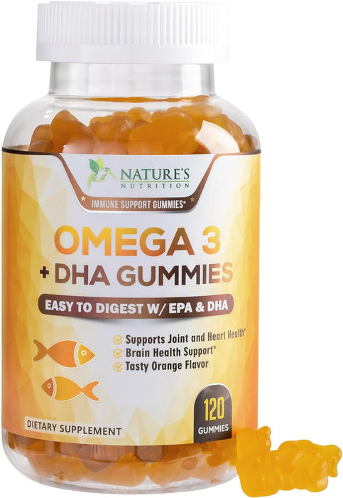 Omega 3 Fish Oil Gummies, Heart Healthy Omega 3 Supplement with High Absorption DHA & EPA, Extra Strength Joint & Brain Support, Omega 3 Fish Oil Nature's Gummy Vitamin, Orange Flavo