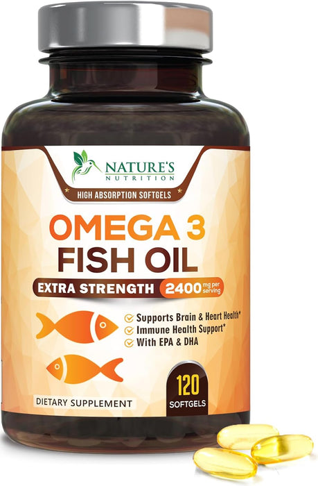 Fish Oil 2400 mg with Omega 3 EPA & DHA - Triple Strength Omega 3 Supplement - Omega 3 Fish Oil Supports Heart Health, Nature's Brain & Immune Support - Non-GMO Fish Oil Supplements