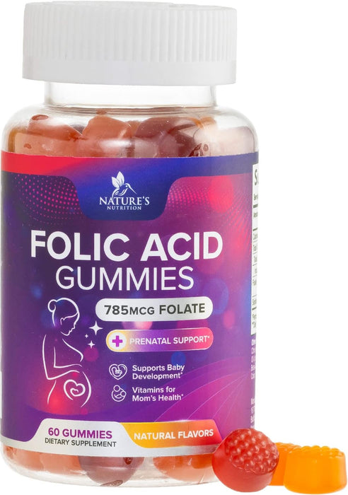 Folic Acid Gummies for Women 785 mcg, Essential Prenatal Vitamins for Mom & Baby, Vegan Folic Acid Supplement Gummy, B9 Chewable Extra Strength Folate for Before During After Pregnancy