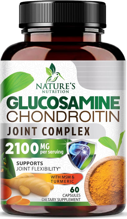 Glucosamine Chondroitin MSM 2100mg Complex - Joint Support Supplement for Joint Mobility & Comfort For Men and Women with Turmeric & Boswellia, Triple Strength Glucosamine Supplements - 60 Capsules