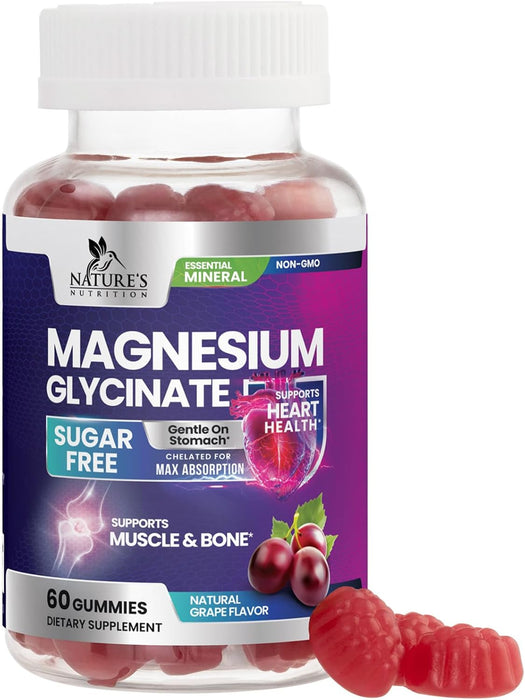 Magnesium Glycinate Supplement Gummies - Magnesium Supplement with Bone Muscle & Heart Health Support - Gentle on Stomach & Chelated for Max Absorption - Non-GMO Grape Flavor & Sugar Free