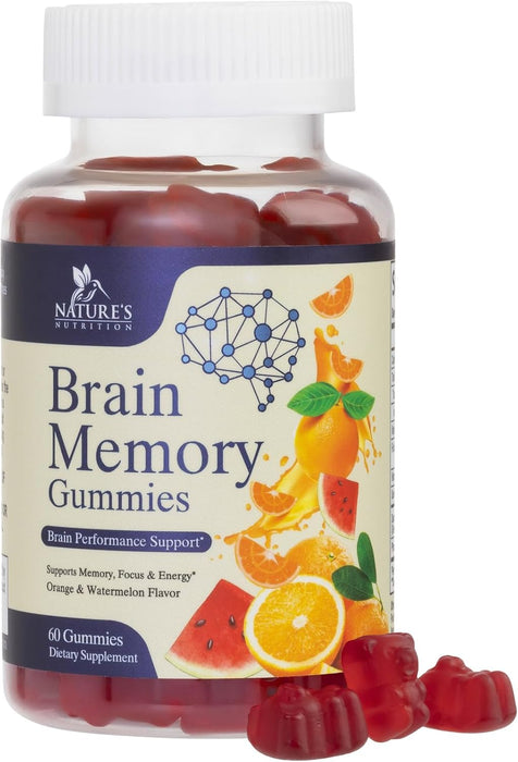 Brain Supplement Gummy for Memory, Focus & Concentration Support Gummies Plus Nootropics, Phosphatidylserine & Vitamins B6 & B12 - Nature's Caffeine Free Nootropic for Brain Health - 60 Gummies