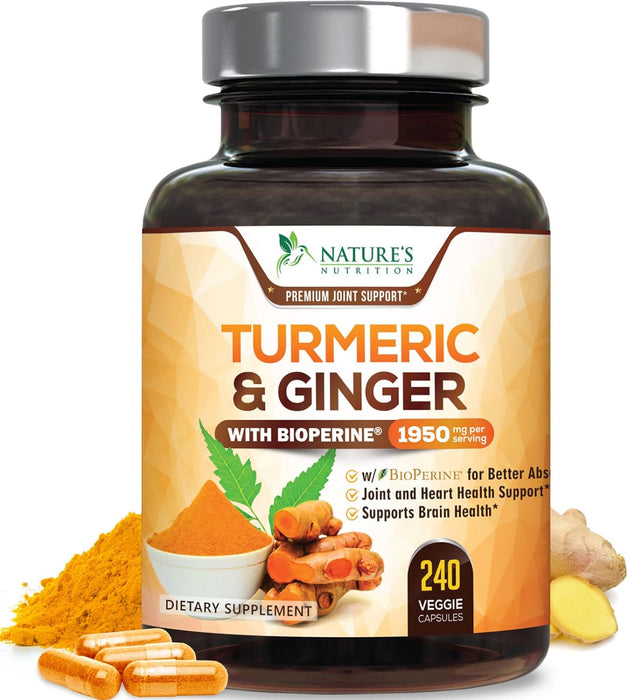 Turmeric Curcumin with BioPerine & Ginger 95% Standardized Curcuminoids 1950mg Black Pepper for Max Absorption Joint Support, Nature's Tumeric Herbal Extract Supplement, Vegan, Non-GMO