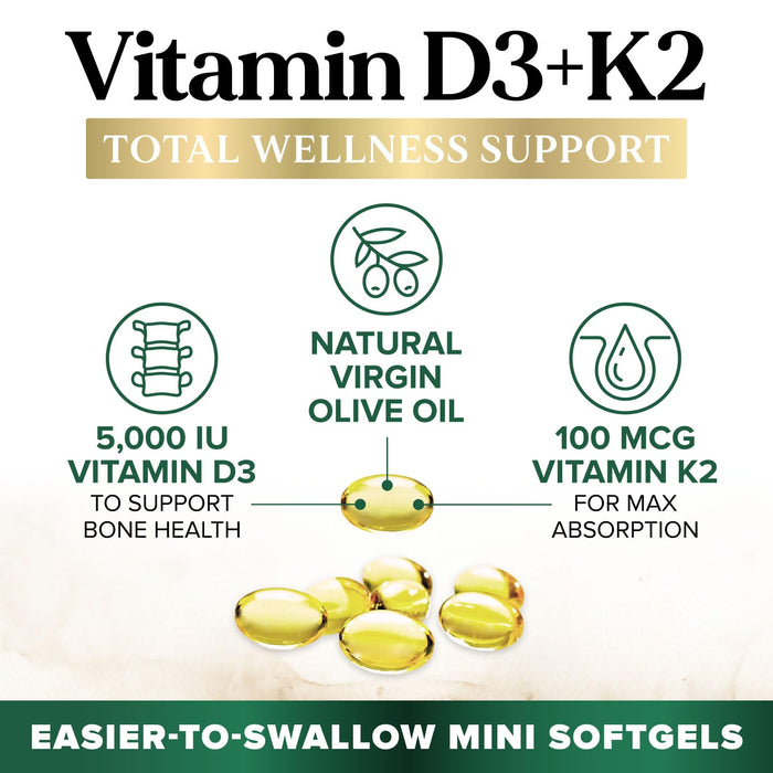Vitamin D3 K2 5000 IU Plus with K2 (MK-7) 100 mcg - Vitamins D & K Complex Supplement for Bone, Teeth, Muscle, Calcium Absorption, Supports Immune & Heart Health, Non-GMO, Oil Formula - 120 Softgels
