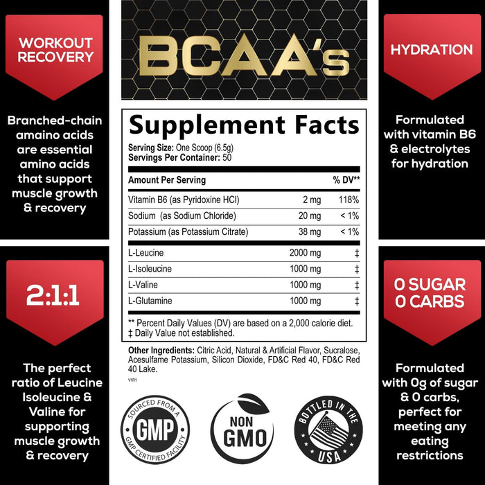 BCAA Powder Watermelon Blast - Post Workout Muscle Recovery Support Drink for Hydration - Sugar Free BCAAs Amino Acids Powder Pre Workout Energy 2:1:1 Branched Chain Amino Acids