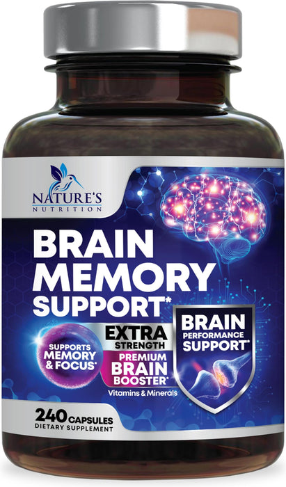 Brain Memory Supplement Pills - Nootropics Support for Concentration, Clarity, Alertness & Focus - Brain Health with Bacopa, Cognitive Vitamins, Phosphatidylserine, DMAE - Brain Booster - 240 Capsules