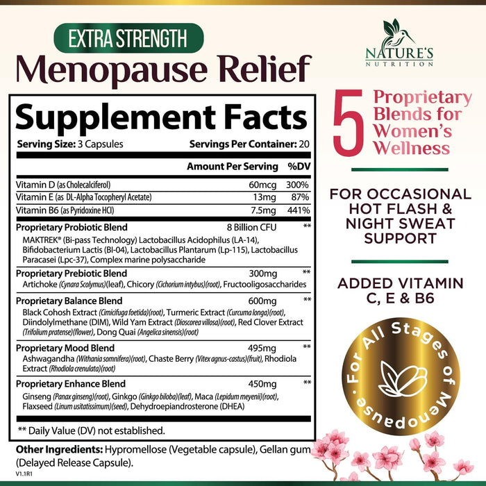 Menopause Supplements for Women - Menopause Relief Support Probiotics with Black Cohosh, Natural Support Supplements for Mild Hot Flashes & Night Sweats & PH Balance Support Supplement - 60 Capsules