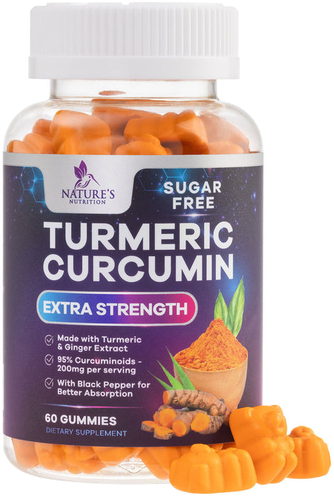 Turmeric Supplement Gummies Sugar Free - Turmeric Curcumin and Ginger Gummies with Black Pepper Extract for High Absorption, Curcumin Gummy for Joint Support, Non-GMO, Gluten Free