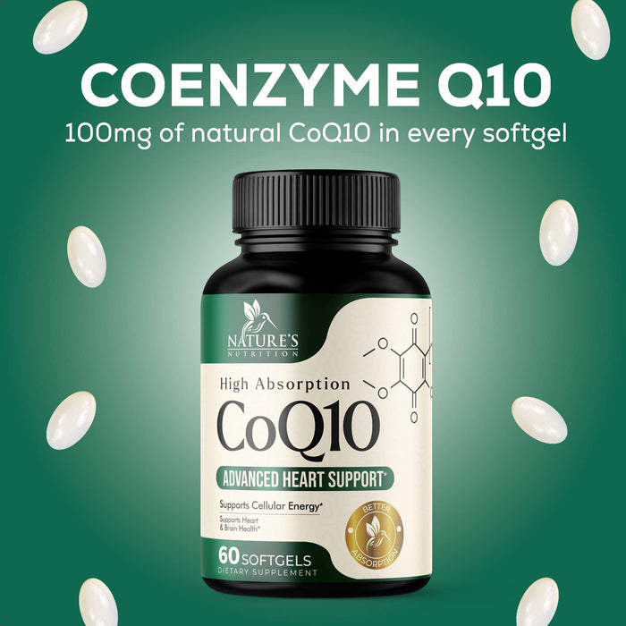 CoQ10 100mg Coenzyme Q10 Softgels - Superior Absorption, Antioxidant for Heart Health & Cellular Energy Support - Nature's Co Q10 Supplement, Non-GMO & Gluten Free