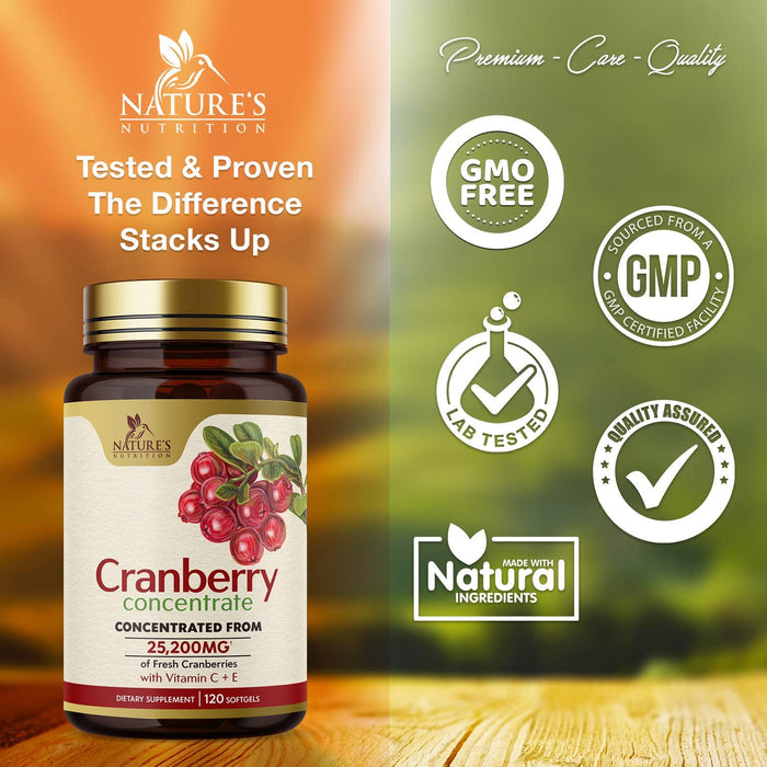 Cranberry Pills Supplement for Women & Men + Vitamin C & E - 25,200mg Formula for Urinary Tract Health Support, Non-GMO and Gluten Free, Nature's Cranberry Supplements
