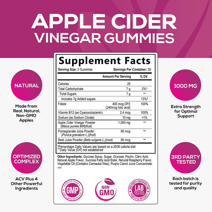 Vegan Apple Cider Vinegar Gummies 1000mg for Detox and Cleanse, Nature's ACV Gummy Vitamins B12 Supplement for Digestion, Natural Apple Raspberry Flavor, Non-GMO, Gluten Free for Adults