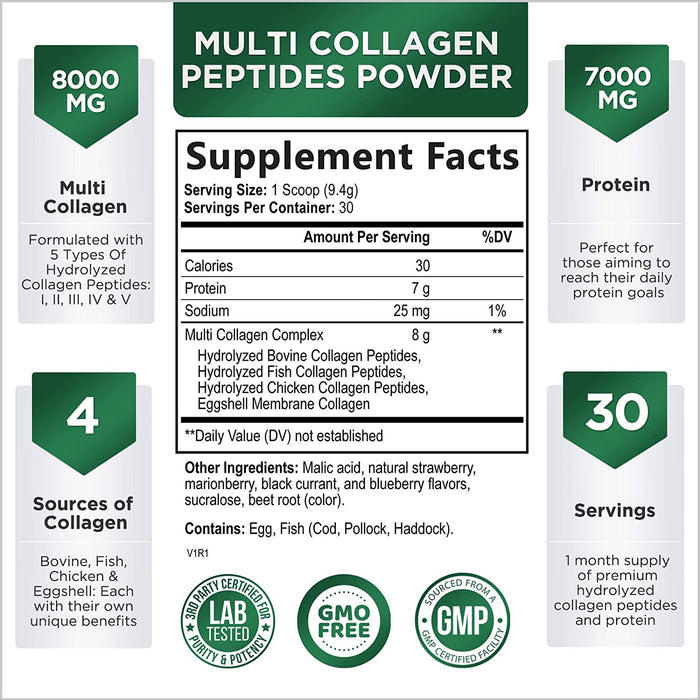 Multi Collagen Peptides Powder Supplement - 5 Hydrolyzed Protein Collagen For Women, Skin, Hair, Nails & Joint Support (Types I & III) - Keto, Paleo-Friendly, Grass Fed, Berry Flavored - 30 Servings