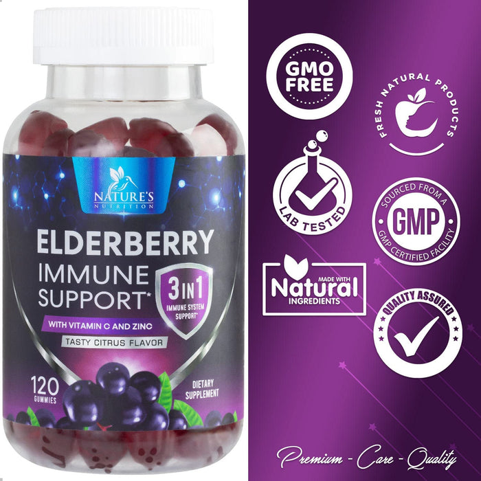 Nature's Sambucus Elderberry Gummies Immune Gummies with Vitamin C and Zinc, Immune Support Gummy Vitamin Supplement, Black Elderberry for Adults & Kids - Gluten Free Non-GMO