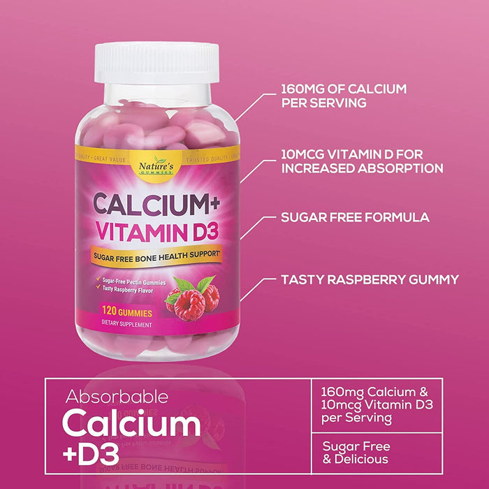 Sugar Free Calcium Gummy Bites Plus 400 IU Vitamin D3, Bone Health & Immune Support, Supports Bone Strength - Chewable Calcium Nutrition Supplement, Non-GMO, Berry Flavor Chews