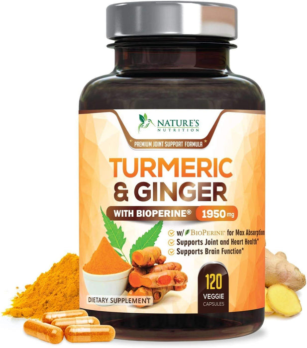 Turmeric Curcumin with BioPerine & Ginger 95% Standardized Curcuminoids 1950mg Black Pepper for Max Absorption Joint Support, Nature's Tumeric Herbal Extract Supplement, Vegan, Non-GMO