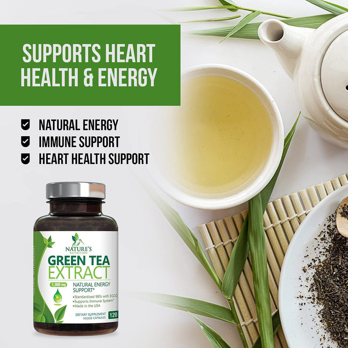 Green Tea Extract Capsules 1000mg 98% Standardized EGCG - 3X Strength for Natural Energy - Heart Support with Polyphenols - Gentle Caffeine