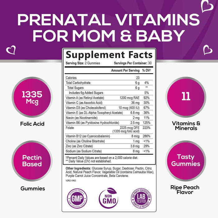 Nature's Prenatal Multivitamin Gummy with Folic Acid, Prenatal Vitamins w/Folate, Choline, Vitamin A, C, D3, B12 & B6, Before, During & After Pregnancy Vitamins for Women