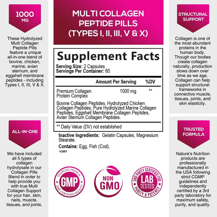Collagen for Women & Men - Type I, II, III, V, X Collagen PillsComplex, Grass Fed Non-GMO, Nature's Hydrolyzed Multi Collagen Peptides Supplement, Hair, Skin, Nail, Joint Health Support