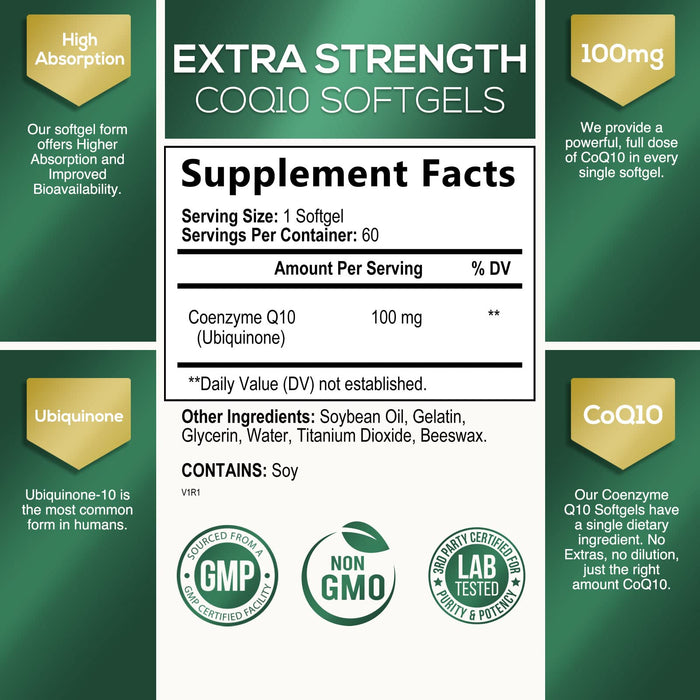 CoQ10 100mg Coenzyme Q10 Softgels - Superior Absorption, Antioxidant for Heart Health & Cellular Energy Support - Nature's Co Q10 Supplement, Non-GMO & Gluten Free