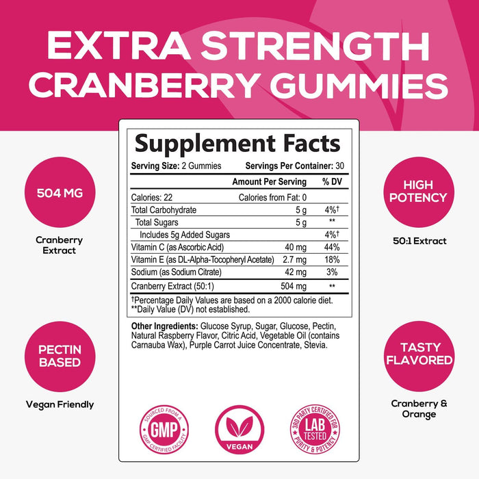 Cranberry Gummies - Urinary Tract Health Gummy + Vitamin C - 25,000mg - Triple Strength Cranberry Concentrate Extract Supplement Pills, Ultimate Potency, Non-GMO, Gluten Free