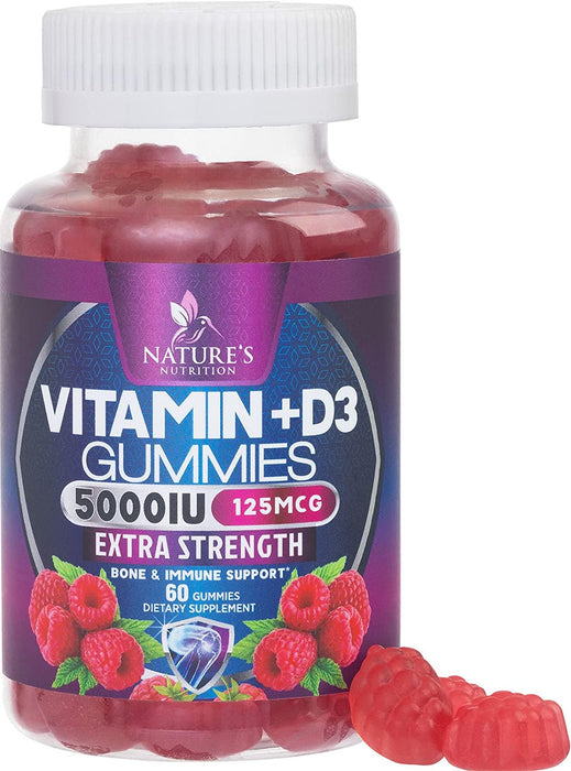 Vitamin D3 Gummies 5,000 IU 125 mcg - Extra Strength to Support Bone Health and Natural Immune Support - Delicious, Non-GMO, Tasty Gummy for Children, Adults, and Seniors