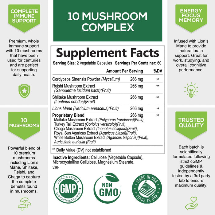 Mushroom Supplement - 10 Mushroom Complex Blend - Lions Mane, Reishi, Turkey Tail, Chaga, Cordyceps, Shiitake, Maitake - Nootropic Brain Supplement, Memory, Focus, Immune Health Support