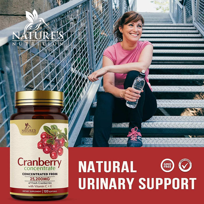 Cranberry Pills Supplement for Women & Men + Vitamin C & E - 25,200mg Formula for Urinary Tract Health Support, Non-GMO and Gluten Free, Nature's Cranberry Supplements