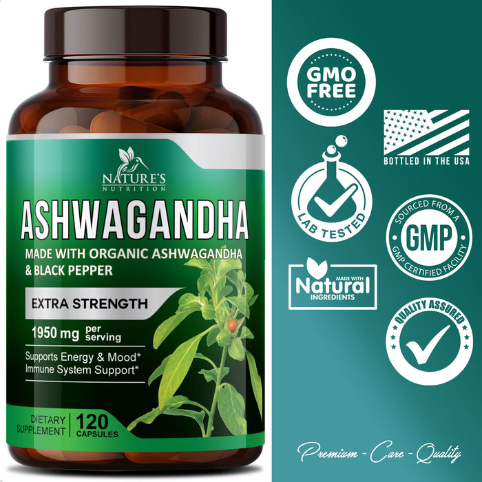 Nature's Nutrition Organic Ashwagandha Capsules Extra Strength 1950mg - Stress Support Formula - Natural Mood Support - Focus & Energy Support Supplement