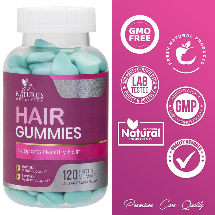 Hair Vitamins Gummy, with Biotin 5000mcg and Vitamins E & C, Advanced Hair Growth Support Gummies for Stronger, Beautiful Hair, Skin & Nails, Nature's Hair Supplement for Women & Men