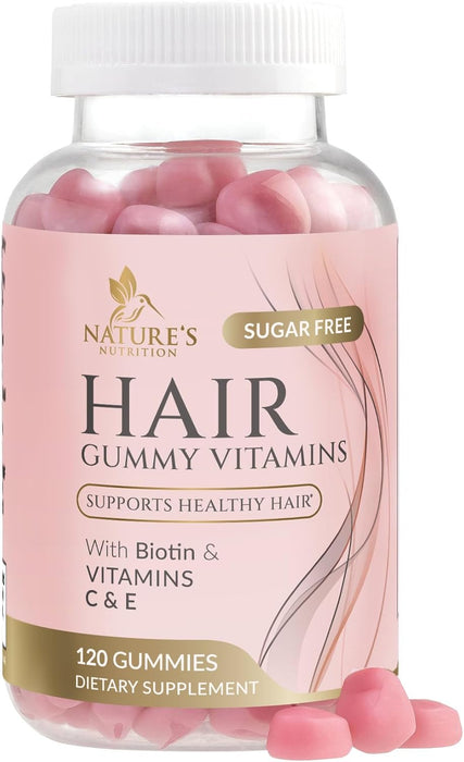 Sugar Free Hair Vitamins Gummies with Biotin 5000 mcg, Vitamin A, B12, C, D, E, Folic Acid, Supports Hair Growth Gummy, Vegetarian Friendly, Supports Strong Beautiful Hair and Nails