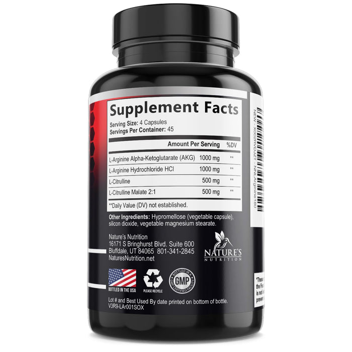 Nitric Oxide Formula with L-Arginine + Citrulline â€“ 3000mg â€“ 180 Capsules