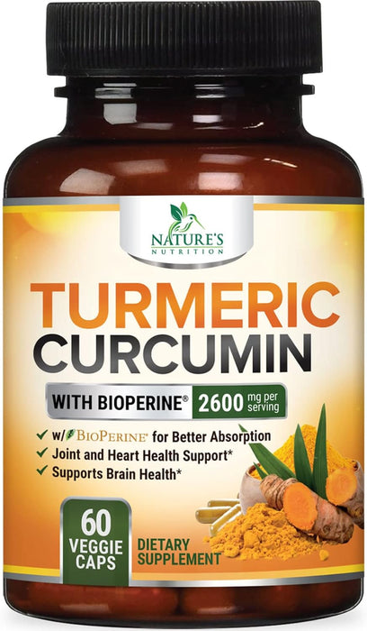 Turmeric Curcumin Supplement with BioPerine 95% Curcuminoids 2600mg with Black Pepper for Best Absorption, Bottled in USA, Best Natural Vegan Joint Support, Nature's Tumeric Capsules