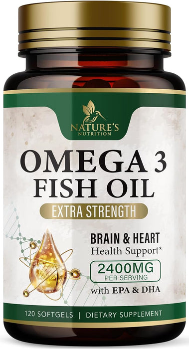 Fish Oil 2400 mg with Omega 3 EPA & DHA - Triple Strength Omega 3 Supplement - Omega 3 Fish Oil Supports Heart Health, Nature's Brain & Immune Support - Non-GMO Fish Oil Supplements