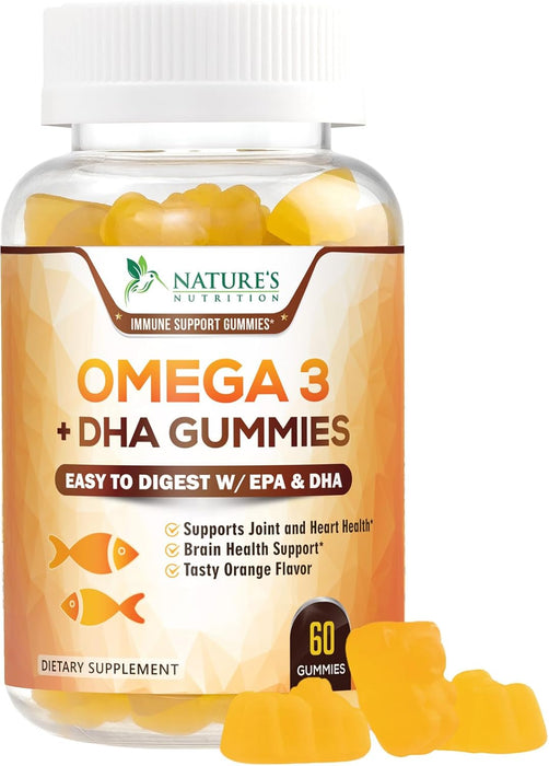 Omega 3 Fish Oil Gummies, Heart Healthy Omega 3 Supplement with High Absorption DHA & EPA, Extra Strength Joint & Brain Support, Omega 3 Fish Oil Nature's Gummy Vitamin, Orange Flavo