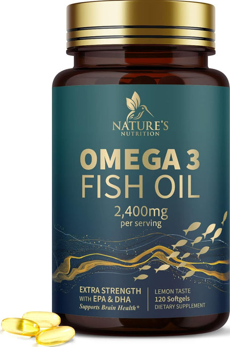 Fish Oil 2400 mg with Omega 3 EPA & DHA - Triple Strength Omega 3 Supplement - Omega 3 Fish Oil Supports Heart Health, Nature's Brain & Immune Support - Non-GMO Fish Oil Supplements