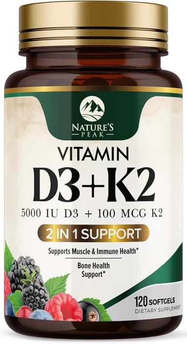 Vitamin D3 K2 Supplement | 5000 IU Vitamin D3 & 100 mcg Vitamin K2, 2 in 1 Vitamin D with K2 Complex Softgels, Support Immune, Heart, Joint, Teeth & Bone Health, Easy to Swallow, Non-GMO