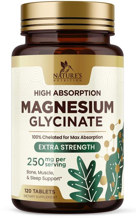 Magnesium (Glycinate) - Magnesium Supplement for Heart Health, Nerve, Muscle, Bone, and Sleep Support - 100% Chelated & High Absorption - 250 mg per Serving - Gluten Free, Vegan, Non-GMO - 120 Count