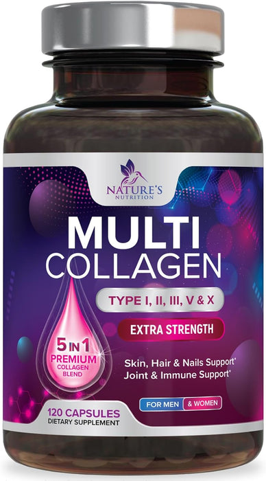 Collagen for Women & Men - Type I, II, III, V, X Collagen PillsComplex, Grass Fed Non-GMO, Nature's Hydrolyzed Multi Collagen Peptides Supplement, Hair, Skin, Nail, Joint Health Support