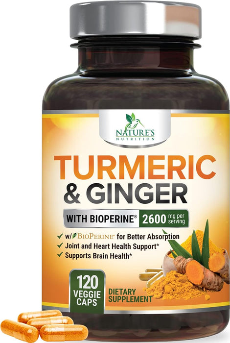 Turmeric Curcumin with BioPerine & Ginger 95% Standardized Curcuminoids 2600mg Black Pepper for Max Absorption Joint Support, Nature's Tumeric Herbal Extract Supplement, Vegan, Non-GMO