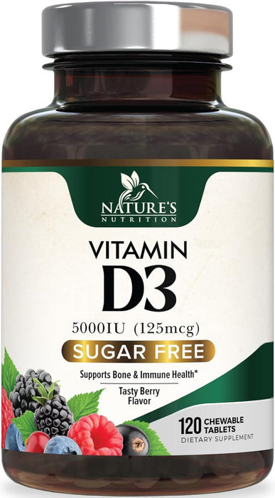 Vitamin D3 5000 IU (125 mcg) - Chewable D Vitamin for Bone, Teeth, Muscle & Immune Support, Sugar Free, Non-GMO, Gluten Free, Nature's Extra Strength Vitamin D Supplements