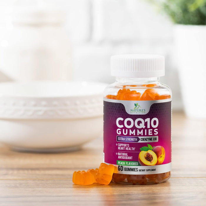 Nature's Nutrition CoQ10 Gummies 100mg – High Absorption Coenzyme Q10 Supplement for Heart Health, Energy & Antioxidant Support – Peach Flavor Gummy, Vegan, Non-GMO, Gluten Free – 60 Count