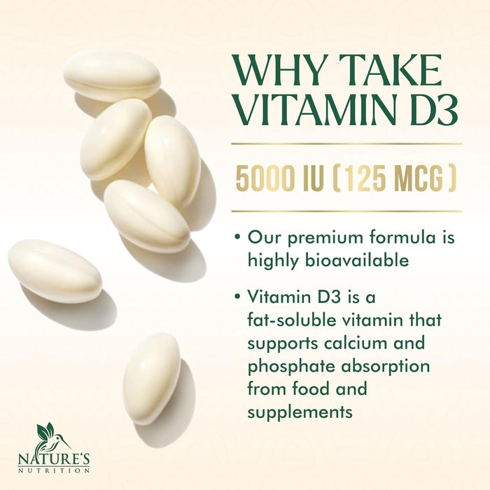 Vitamin D3 5000 IU (125 mcg) - High Potency Vitamin D-3 Supplement (2 Month Supply) for Bone, Teeth, Muscle and Immune Health Support - Dietary Supplement, Gluten Free, Non-GMO