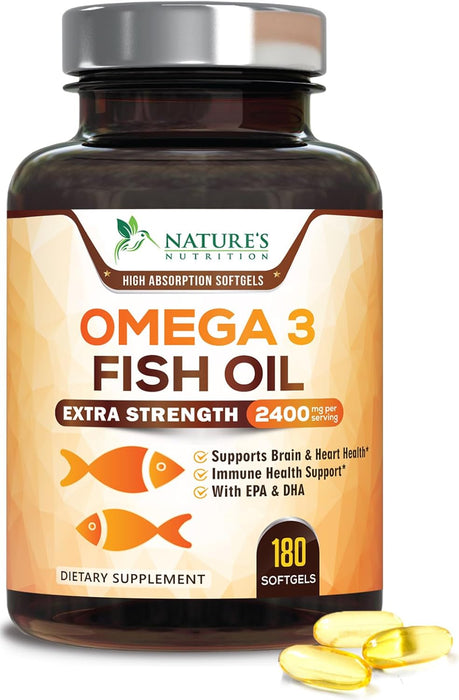 Fish Oil 2400 mg with Omega 3 EPA & DHA - Triple Strength Omega 3 Supplement - Omega 3 Fish Oil Supports Heart Health, Nature's Brain & Immune Support - Non-GMO Fish Oil Supplements