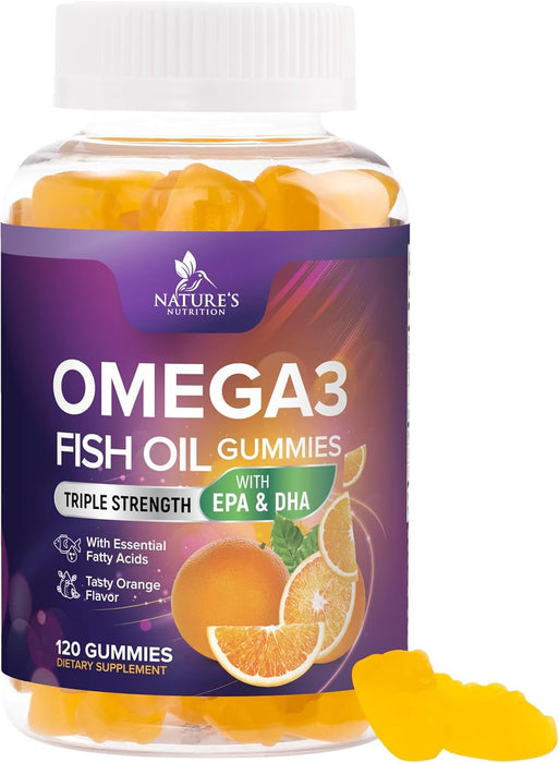 Omega 3 Fish Oil Gummies for Adults, Heart Healthy Omega 3 Supplement Gummies with DHA & EPA, Extra Strength Joint & Brain Support Omega3 Fish Oil Gummy Vitamin, Orange Flavor