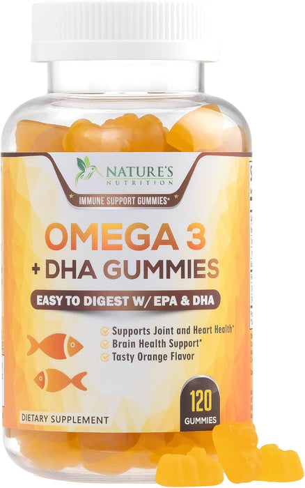 Omega 3 Fish Oil Gummies, Heart Healthy Omega 3 Supplement with High Absorption DHA & EPA, Extra Strength Joint & Brain Support, Omega 3 Fish Oil Nature's Gummy Vitamin, Orange Flavo