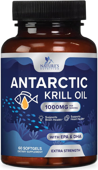 Krill Oil Omega 3 Supplement 1000 mg - Antarctic Krill Oil with Omega-3 EPA, DHA with Astaxanthin Sourced from Red Krill, Brain Health & Immune Support with Phospholipids