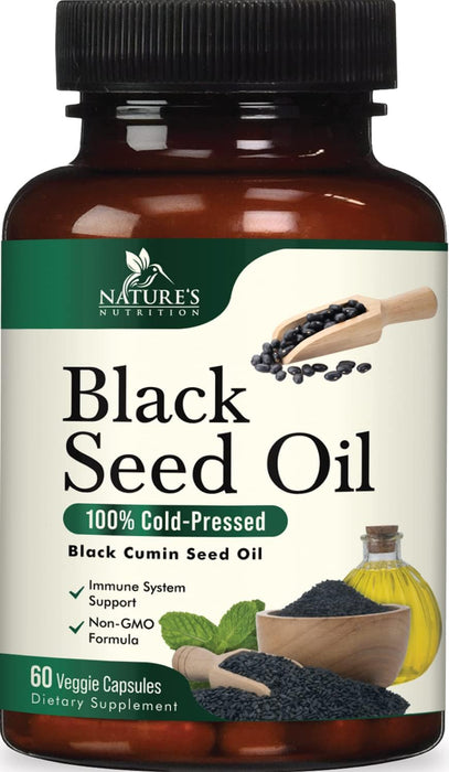 Black Seed Oil Capsules 1000mg - Vegan Cold-Pressed Nigella Sativa Black Seed Oil, Nature's Pure Black Cumin Seed Oil for Immune, Hair and Brain Support, Non-GMO