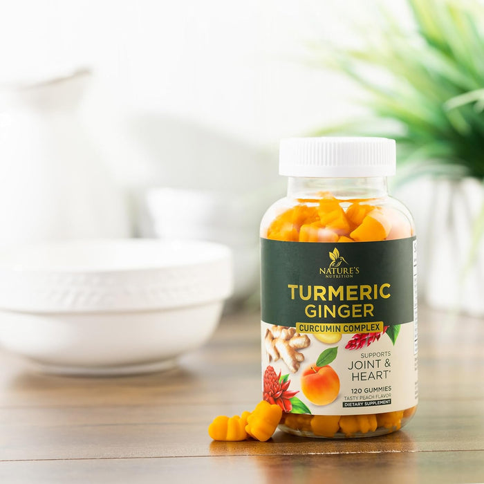 Turmeric Curcumin with Black Pepper Extract & Ginger Gummies, High Absorption Potent 95% Curcuminoids Turmeric Supplement, Nature's Tumeric Curcuma Gummy Pills, Joint Support Capsules