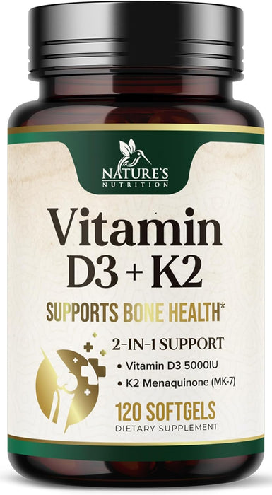 Vitamin D3 K2, 5000 IU Vitamin D3 & 100 mcg Vitamin K2 MK-7 Supplement Supports Immune Health, Bone, Heart & Calcium Absorption - Extra Virgin Olive Oil Softgel, Vitamins D & K Complex